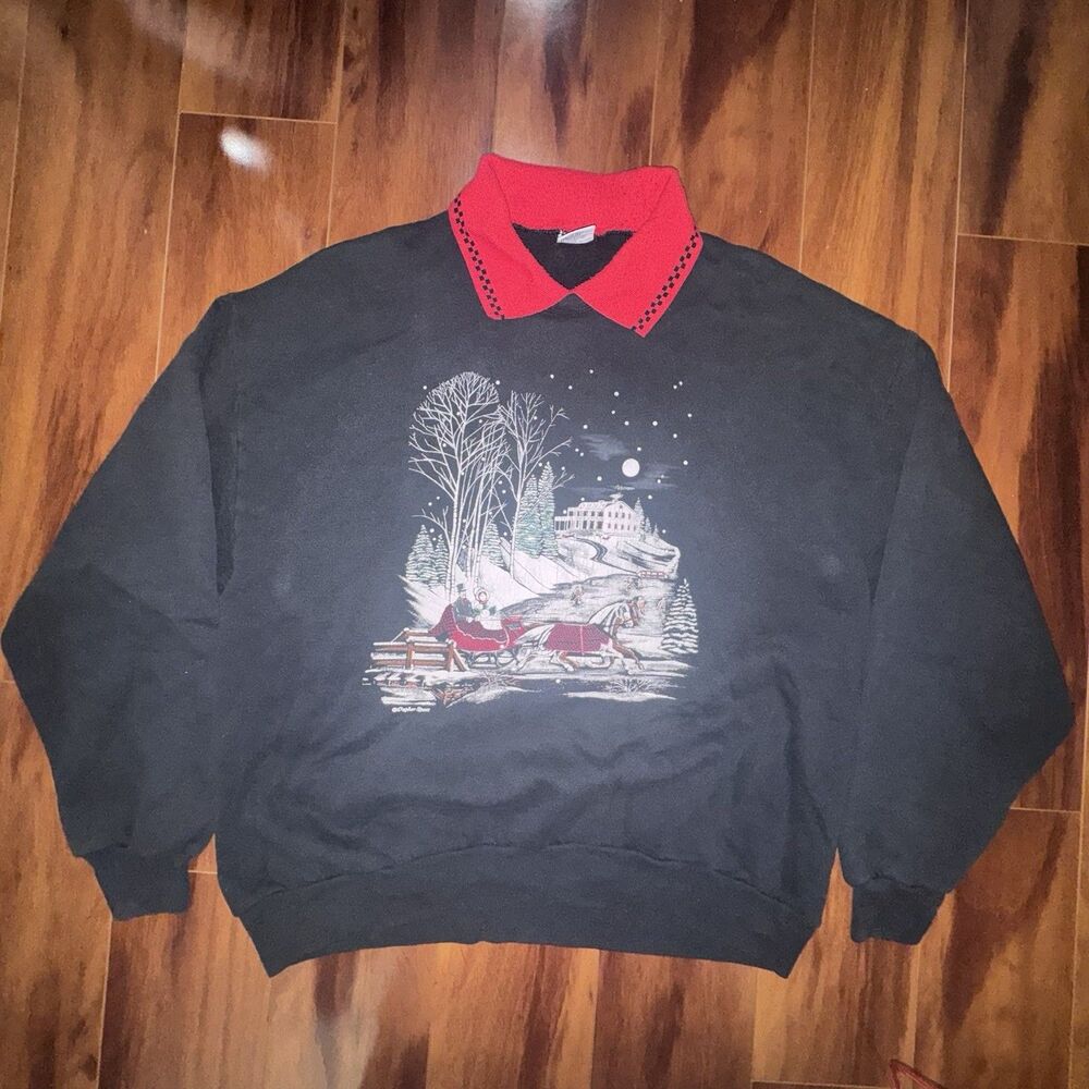 Vintage 90s Gopher Sport Christmas Sweatshirt XL USA Horse Sleigh Polo Collar